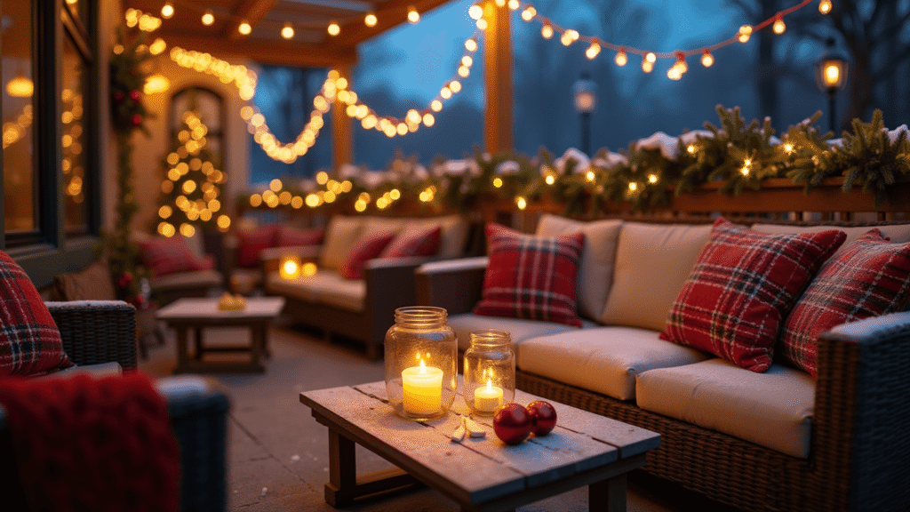 The Ultimate Guide to Christmas Patio Decorations That'll Make Your Neighbors Jealous Cozy Christmas patio decorated with string lights, pine garland, and ornaments, featuring warm ambient lighting and a twilight backdrop.