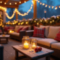 Cozy Christmas patio decorated with string lights, pine garland, and ornaments, featuring warm ambient lighting and a twilight backdrop.