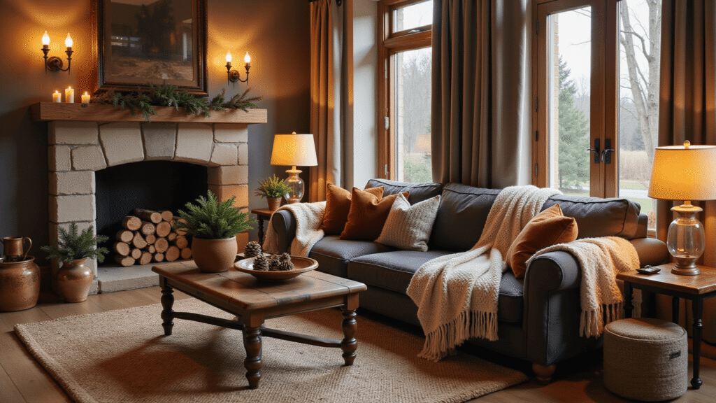 Transform Your Home Into a Winter Wonderland: Cozy Decor Ideas That Actually Work A cozy winter living room featuring a charcoal sectional sofa adorned with cream cable knit throws and rust velvet pillows, illuminated by warm amber lighting from lamps and candles, with aged hardwood floors, a cast iron fireplace, layered jute rugs, and natural decor elements like terracotta bowls with pinecones and evergreen.