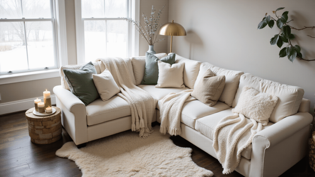 Winter Home Decor That Actually Makes Your Space Feel Like a Cozy Retreat (Without Looking Like Santa's Workshop) Cozy winter living room with modern sectional sofa adorned with chunky knit throws, faux fur blankets, and textured pillows, featuring a warm brass lamp, flickering candles, sheepskin rug, and soft morning light filtering through frosted windows.