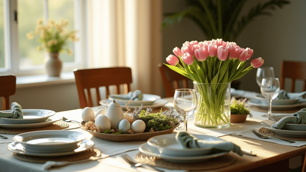 Easter Table Decor Ideas That'll Make Your Guests Say "Wow, You Did This?" Cinematic Easter dining setting featuring blush pink tulips in a glass vase, white ceramic eggs, sage green napkins, vintage porcelain plates, and rustic wooden elements, all bathed in warm golden hour light.
