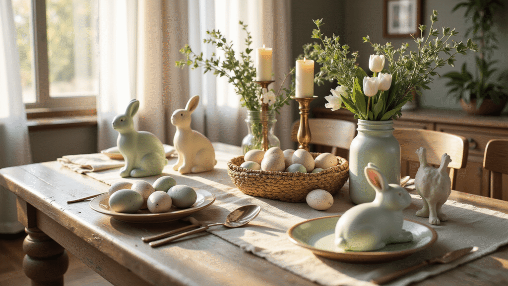 Easter Home Decor That'll Make Your Neighbors Wonder What You've Been Up To Photorealistic Easter home decor on a rustic farmhouse table, featuring pastel bunny figurines, speckled eggs in a basket, fresh flowers in a mason jar, and warm sunlight casting soft shadows.