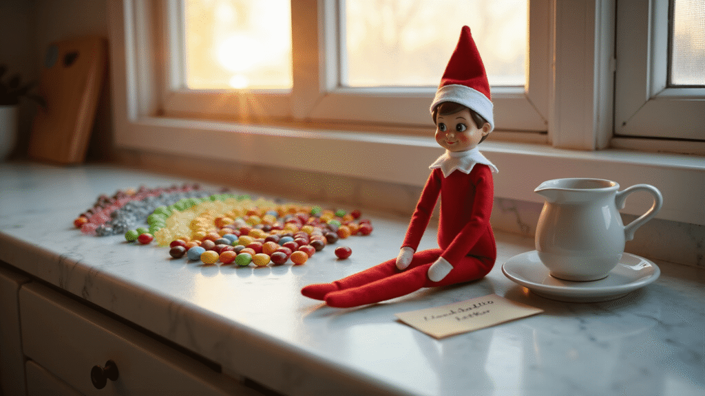 50+ Easy Elf on the Shelf Ideas Using Stuff You Already Own Cinematic wide-angle shot of a cozy kitchen counter at dawn, featuring a white marble surface adorned with a vibrant rainbow of Skittles beside a whimsical red elf and a ceramic pitcher, with a handwritten note nearby. Soft winter light filters through frosted windows, highlighting candy textures and creating inviting shadows against a clean background.