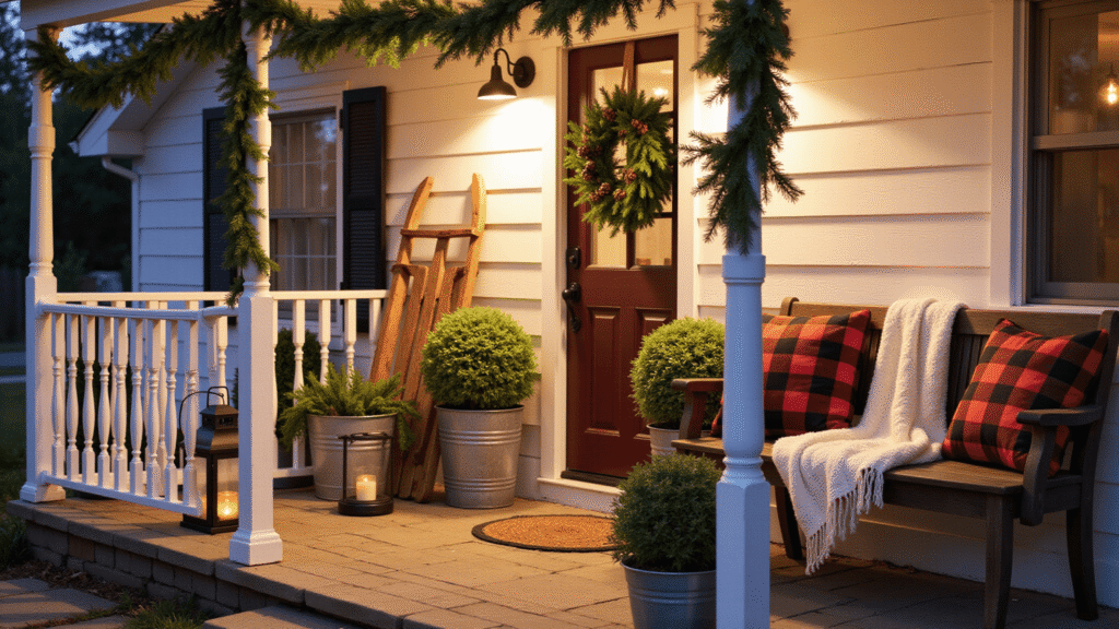 Farmhouse Christmas Front Porch Decor: Creating Your Perfect Rustic Holiday Welcome A cozy farmhouse porch decorated for Christmas, featuring evergreen garlands, galvanized buckets, vintage sled, flickering lanterns, buffalo check pillows, and twinkling lights, all captured in warm twilight hues.