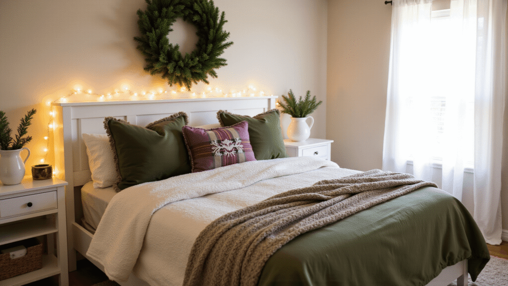 How I Transform My Bedroom into a Christmas Sanctuary Without Losing My Mind (Or My Sleep) Cinematic bedroom decorated for Christmas with ivory and moss green bedding, evergreen wreath above the headboard, warm fairy lights, chunky knit blanket, and festive pillows, creating a cozy winter sanctuary atmosphere.
