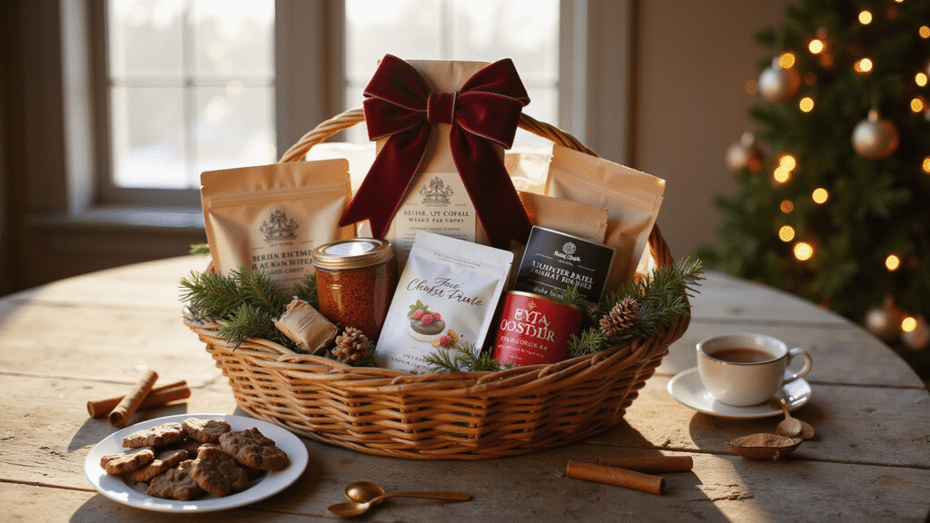 Christmas Gift Basket Ideas That'll Make You Look Like a Gifting Genius Elegant rustic Christmas gift basket filled with artisan coffees, gourmet chocolates, and festive cookies, placed on a weathered wooden table under soft winter light, adorned with pine sprigs and cinnamon sticks, creating a cozy holiday atmosphere.