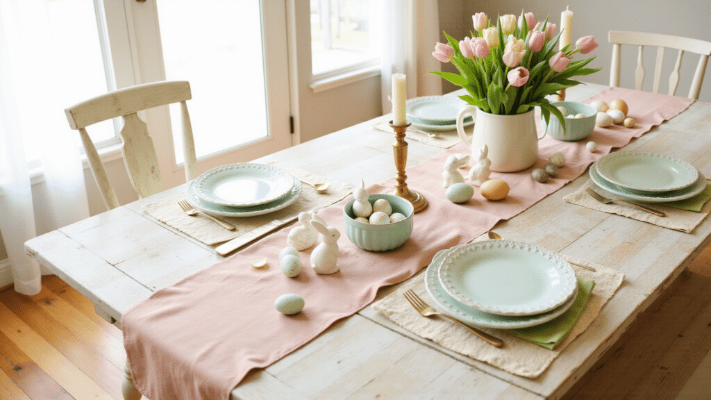 Spring Into Style: My No-Nonsense Guide to Easter Decorating That Won't Break the Bank Ultra-realistic farmhouse dining room with a weathered white oak table adorned with a blush pink linen runner, tulip centerpiece, scattered speckled eggs, white bunny figurines, and vintage brass candlesticks, all bathed in soft golden morning light, creating a cozy Easter atmosphere.