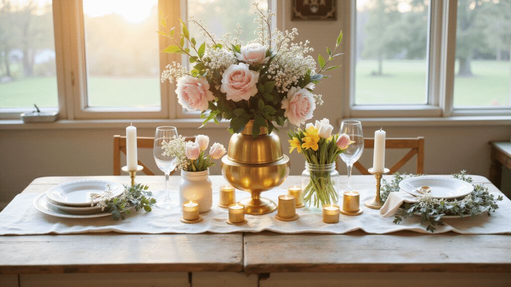 Spring Table Decor Ideas That'll Make Your Dining Room Bloom Cinematic overhead shot of a rustic farmhouse dining table adorned with a tiered gold centerpiece of pastel flowers, including pink peonies and white baby's breath, complemented by varied glass and ceramic vessels, warm LED tea lights, and a soft linen runner, all bathed in golden hour light.