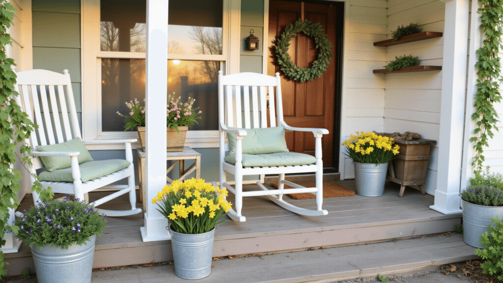 Spring Front Porch Decor: Transform Your Entryway Without Breaking a Sweat (or the Bank) Ultra-realistic spring front porch scene with vintage white rocking chairs, sage green cushions, vibrant daffodils and tulips in galvanized buckets, hanging ferns, and a rustic door adorned with a eucalyptus wreath, bathed in warm golden hour light.