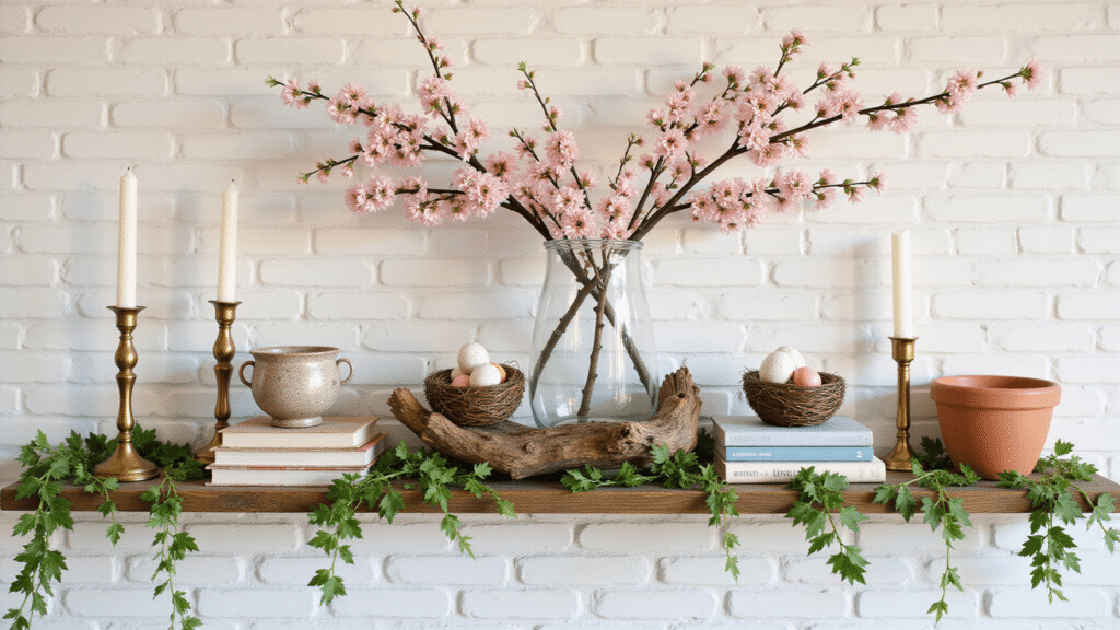Spring Mantel Decor Ideas That'll Make Your Fireplace the Star of the Room A beautifully styled spring mantel featuring a whitewashed brick fireplace, adorned with delicate cherry blossom branches in glass vases, brass candlesticks, vintage linen books, and speckled ceramic eggs nestled in weathered nests, all bathed in the warm glow of golden hour.