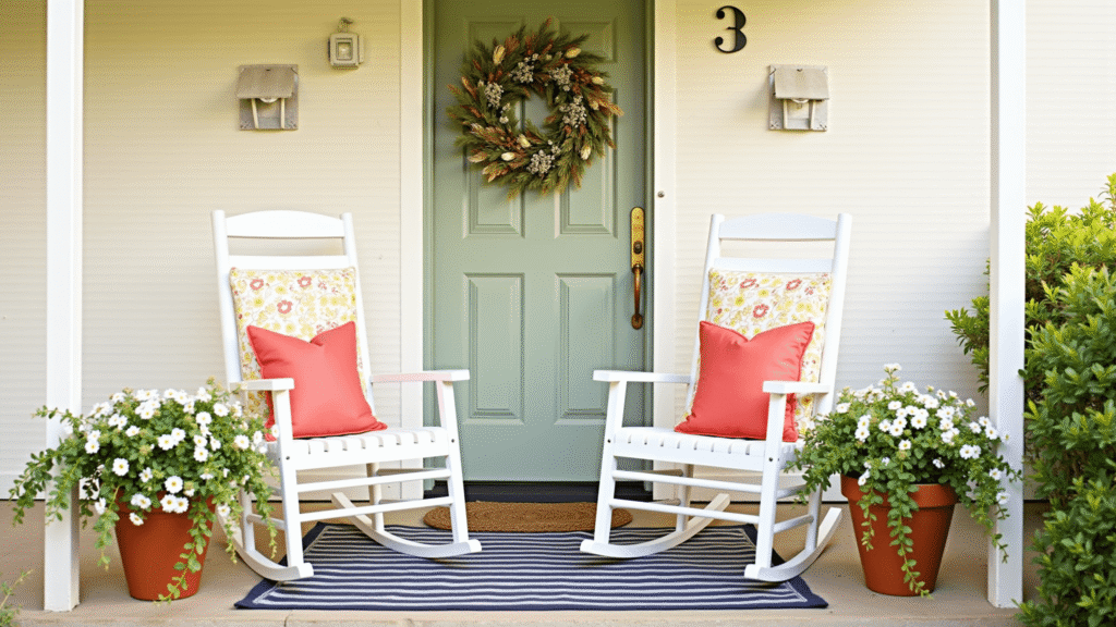 Spring Porch Decor: Fresh Ideas to Wake Up Your Front Entry After Winter Cinematic spring porch featuring white rocking chairs with coral throw pillows on a navy striped jute rug, an oversized wildflower wreath on a sage green door, and terracotta planters with white petunias and trailing ivy, all bathed in soft golden morning light.
