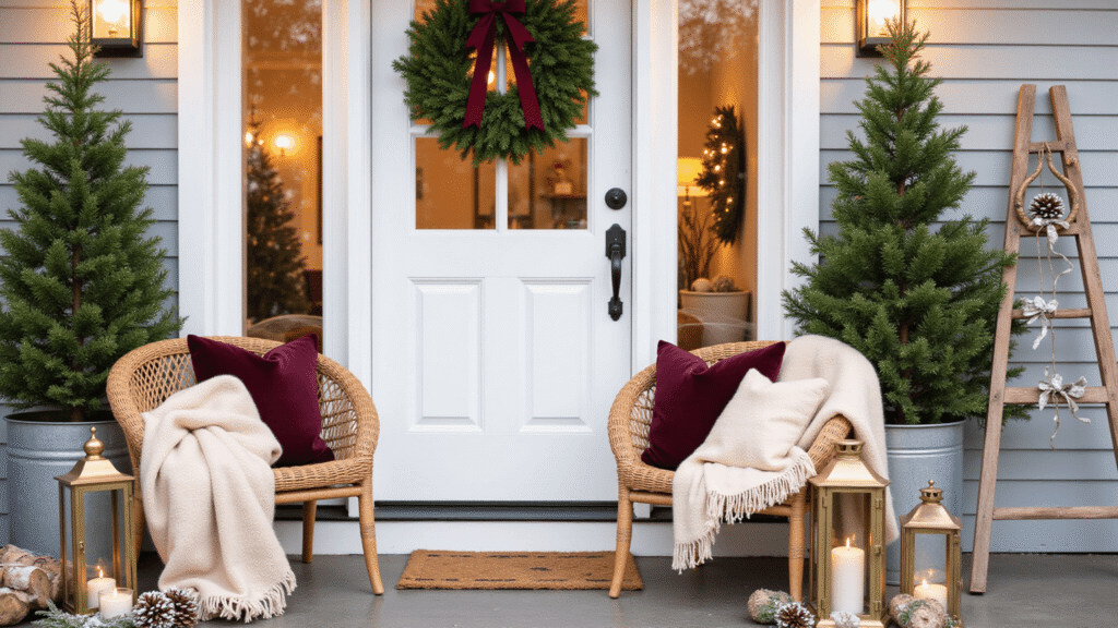 Front Porch Holiday Decor: Transform Your Entrance Into a Winter Wonderland Elegant winter wonderland front porch featuring a 24-inch evergreen wreath with burgundy ribbon, warm amber string lights, potted faux Christmas trees, galvanized containers with pinecones, velvet throw pillows, cashmere blankets, vintage brass lanterns, snow-dusted ladder with ornaments, and warm golden hour lighting.