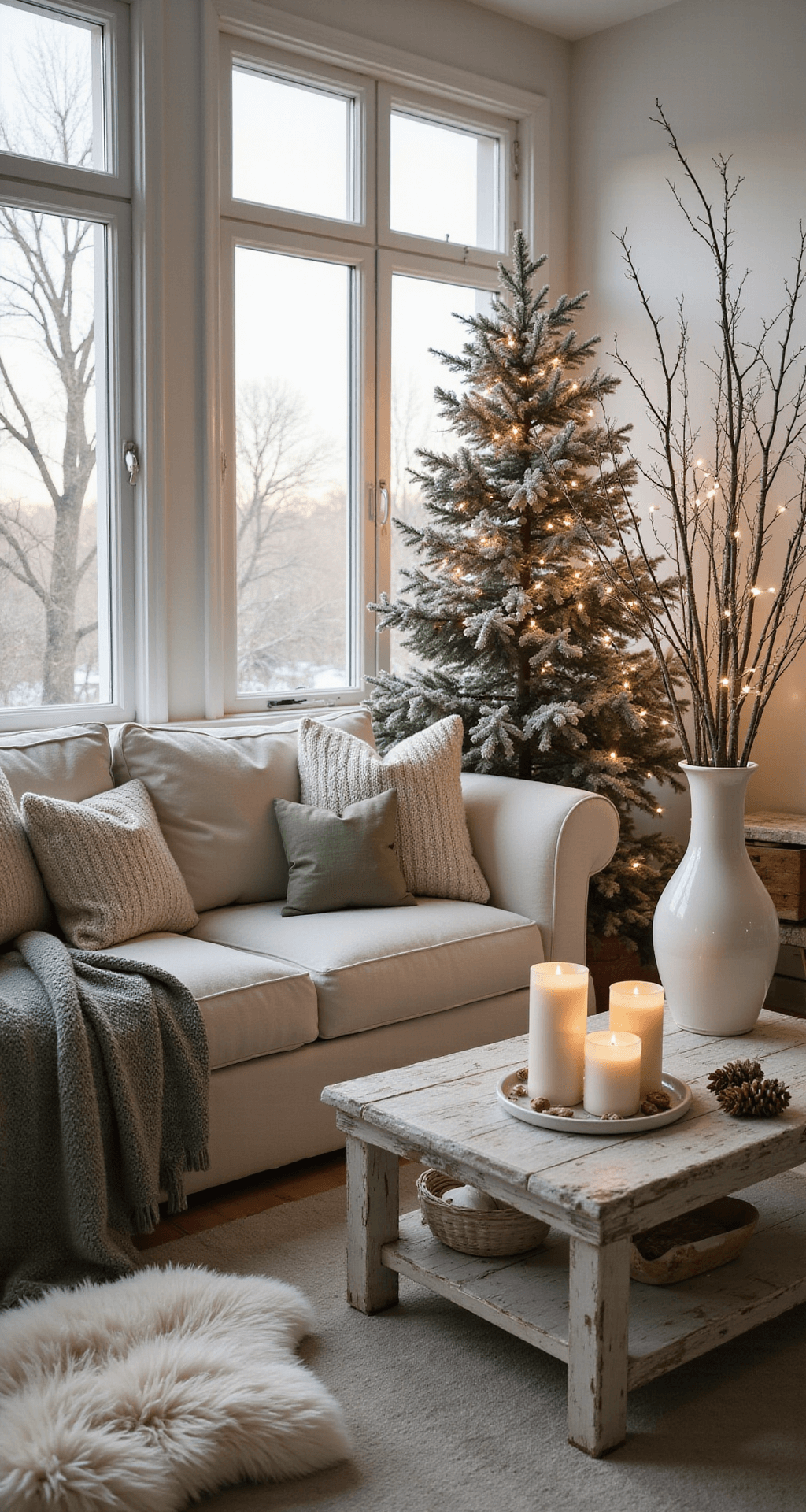 How to Transition Your Home from Christmas to Winter Decor Without Starting from Scratch A cozy winter living room bathed in golden hour light, featuring a cream linen sofa with a chunky gray throw and textured pillows, a flocked Christmas tree with warm white lights, pine cones, birch branches, a sheepskin rug, and white pillar candles, all creating a serene and tranquil atmosphere.