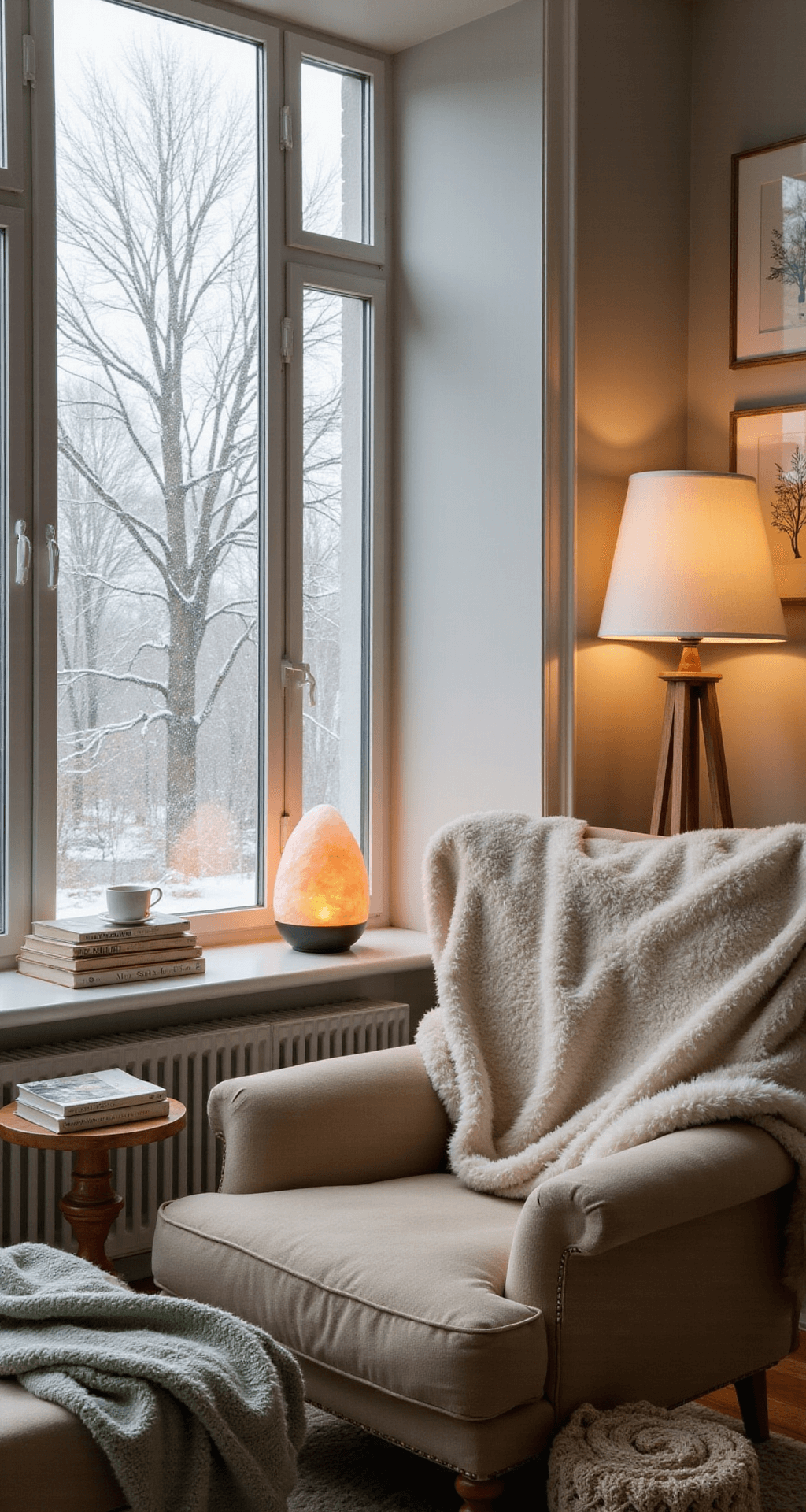 How to Transition Your Home from Christmas to Winter Decor Without Starting from Scratch A cozy reading nook by a frost-covered window, featuring an oversized oatmeal-colored armchair with a cream faux fur throw, a side table with stacked books, a Himalayan salt lamp, and a steaming glass of tea. A wooden floor lamp and botanical prints on the wall enhance the warm, inviting atmosphere, complemented by a neatly folded sage green and cream wool blanket.