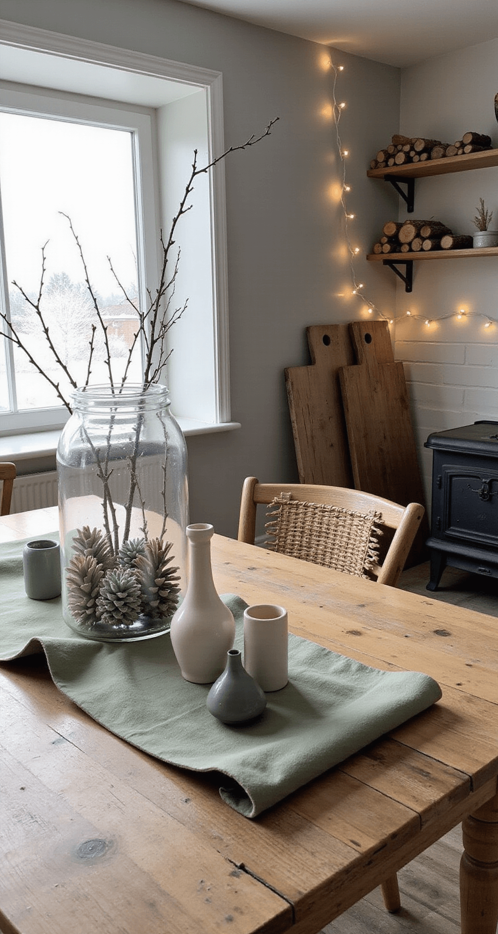 How to Transition Your Home from Christmas to Winter Decor Without Starting from Scratch Rustic kitchen corner styled for winter, featuring morning light illuminating frost-patterned window, a wooden farmhouse table with a sage green runner, a glass hurricane filled with white-painted pine cones and branches, ceramic vases in cream and gray, leaning cutting boards, a basket of birch logs by a wood stove, and warm white string lights on open shelving.