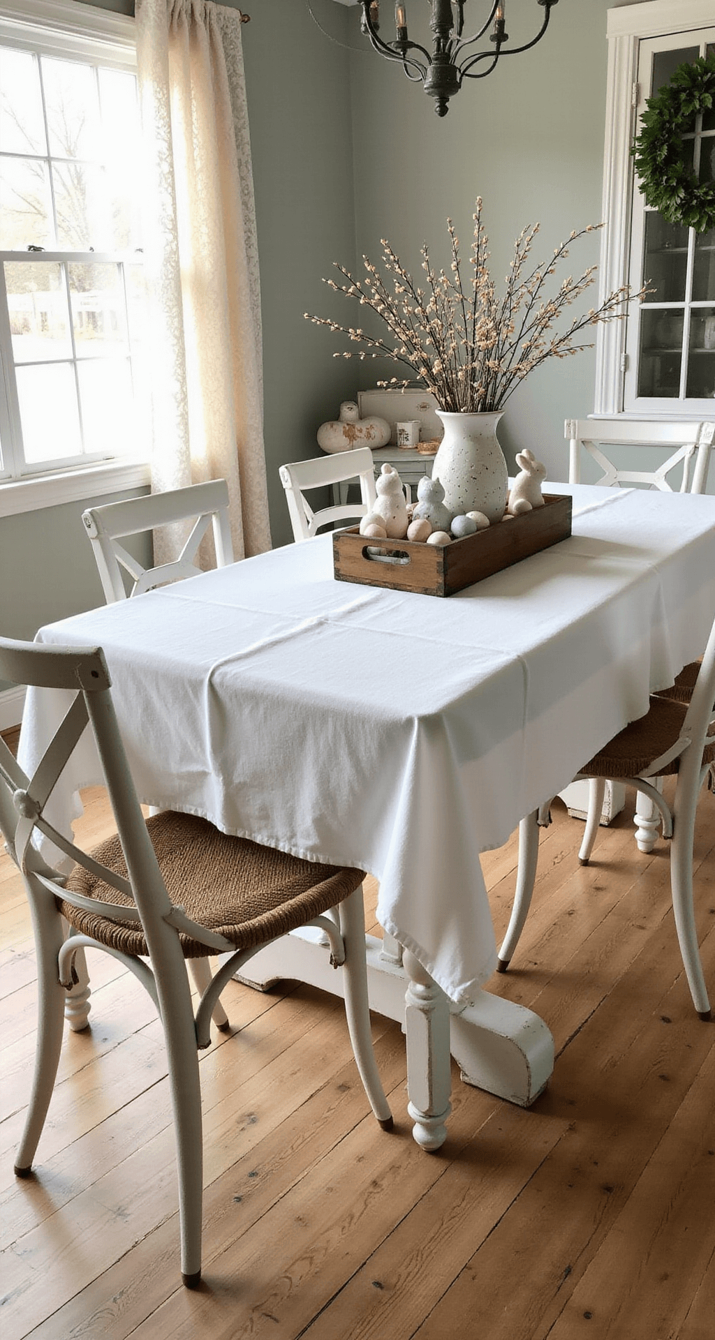 Farmhouse Easter Decor: How I Transform My Home Into a Rustic Spring Haven A cozy farmhouse dining room featuring a white linen tablecloth, a wooden tray with pastel speckled eggs, ceramic bunny figurines, and pussy willow branches, bathed in warm afternoon sunlight filtering through lace curtains, with shadows on weathered hardwood floors in muted sage green and soft blush tones.