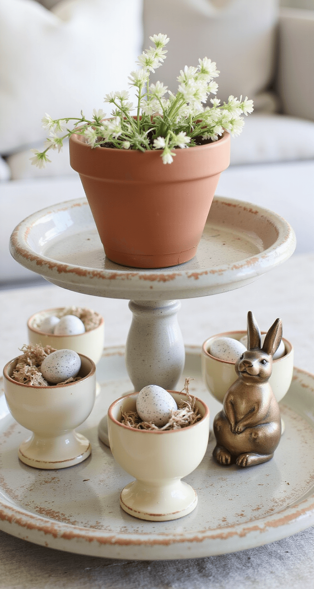Farmhouse Easter Decor: How I Transform My Home Into a Rustic Spring Haven A tiered tray adorned with farmhouse Easter decor, showcasing a vintage terra cotta pot with faux flowers on the bottom tier, miniature egg cups with speckled eggs on the middle tier, and an antique bunny figurine with greenery on the top tier, all illuminated by soft morning light.