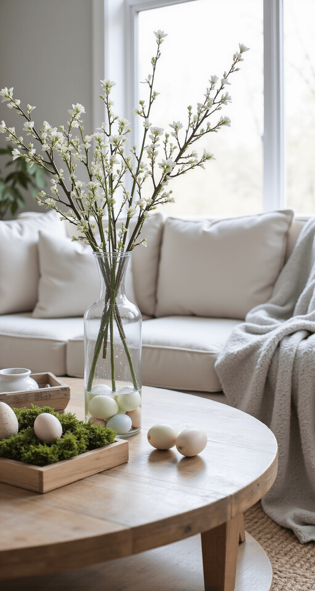Farmhouse Easter Decor: How I Transform My Home Into a Rustic Spring Haven A cozy farmhouse Easter vignette featuring a glass vase with spring branches and pastel eggs, a wooden box with moss and ceramic eggs, and a linen-upholstered sofa draped with a soft throw.