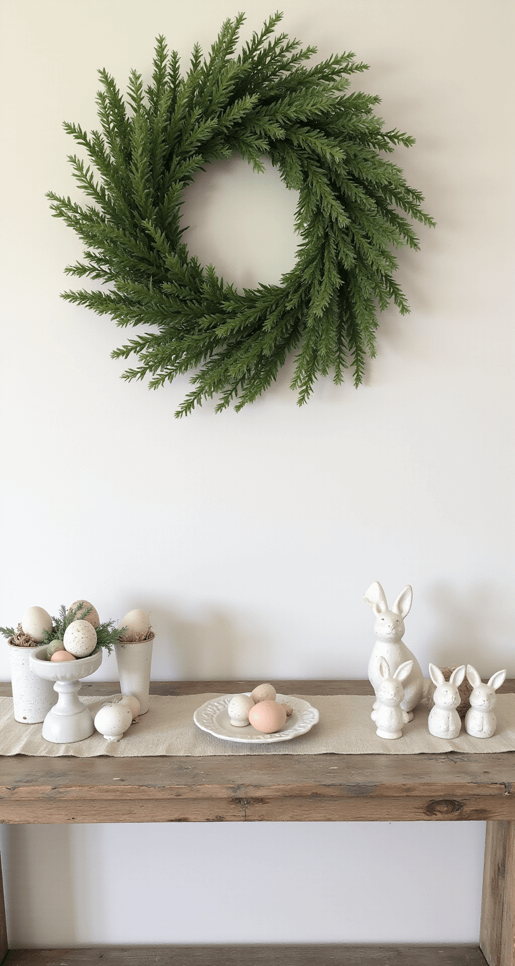 Farmhouse Easter Decor: How I Transform My Home Into a Rustic Spring Haven A farmhouse-style entryway console decorated for Easter, featuring a boxwood wreath, vintage egg cups with speckled eggs, ceramic bunny figurines in an asymmetrical arrangement, weathered wood surfaces, and a linen runner, all illuminated by soft side lighting in a pastel color palette.