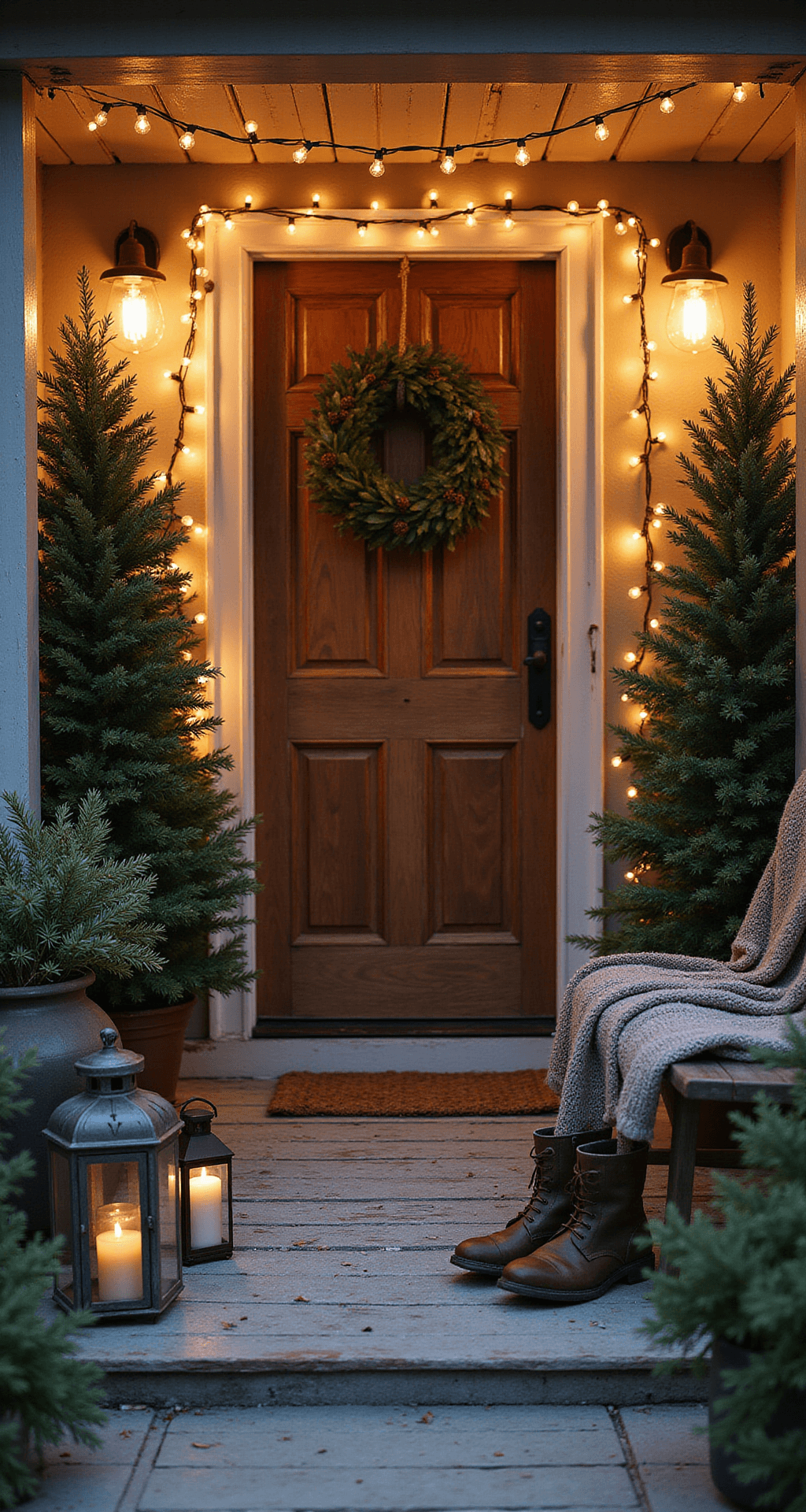 How to Create a Welcoming Winter Porch That Actually Feels Cozy (Not Just Pinterest-Perfect) A cozy rustic winter porch scene featuring twin evergreen cypress trees by a wooden front door, adorned with asymmetrical Edison string lights. The warm LED glow casts golden hues, illuminating clustered metal lanterns with battery candles near the entrance. Worn leather boots filled with fresh pine branches sit nearby, while a chunky knit throw is draped over a vintage wooden bench. Macro details of pine cones are visible, with soft snowfall against a twilight backdrop captured in cinematic depth of field.