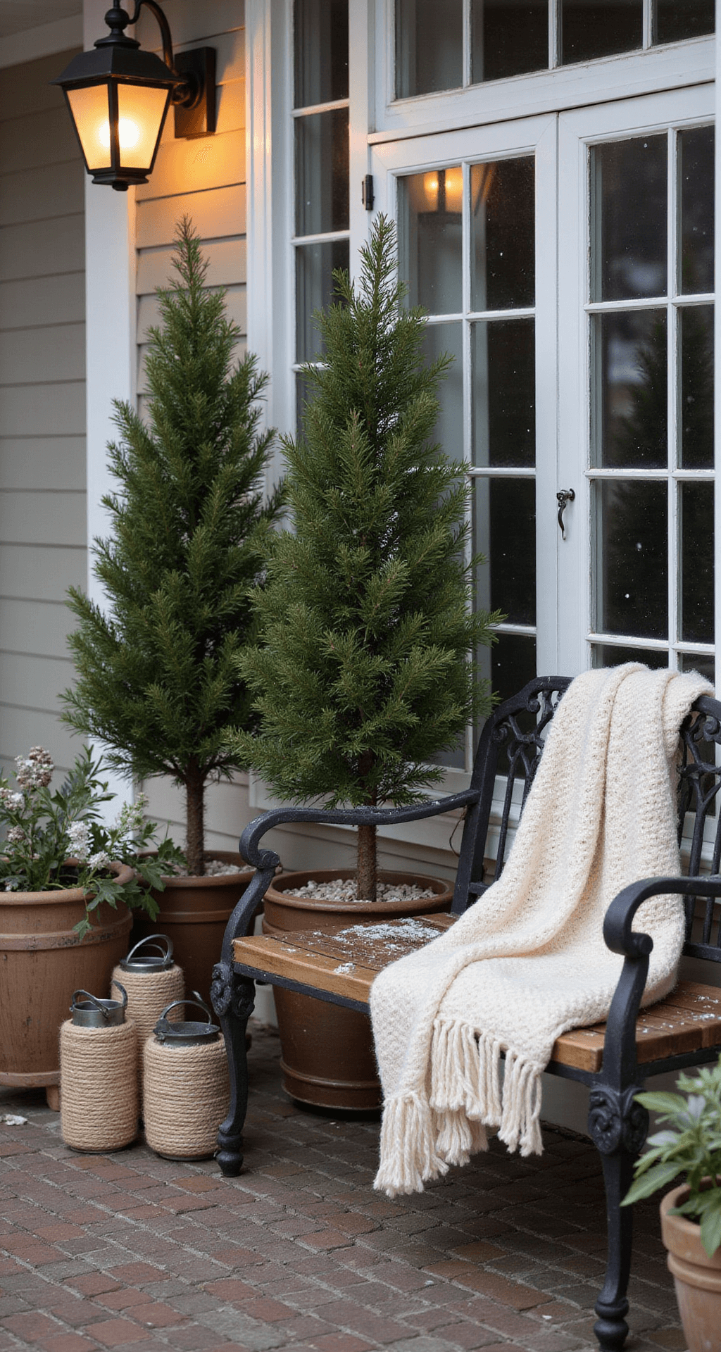 How to Create a Welcoming Winter Porch That Actually Feels Cozy (Not Just Pinterest-Perfect) An elegant winter porch scene featuring symmetrical potted Italian spruce trees, varying heights of hemp rope-wrapped metal lanterns, and crepe myrtle branches. A heated outdoor lamp casts a warm glow over mismatched vintage windows, while a chunky knit blanket drapes across a wrought iron bench. Magnolia leaves and dried hydrangeas add organic texture amidst soft twilight lighting and gentle snowfall, captured in a professional architectural photography style.