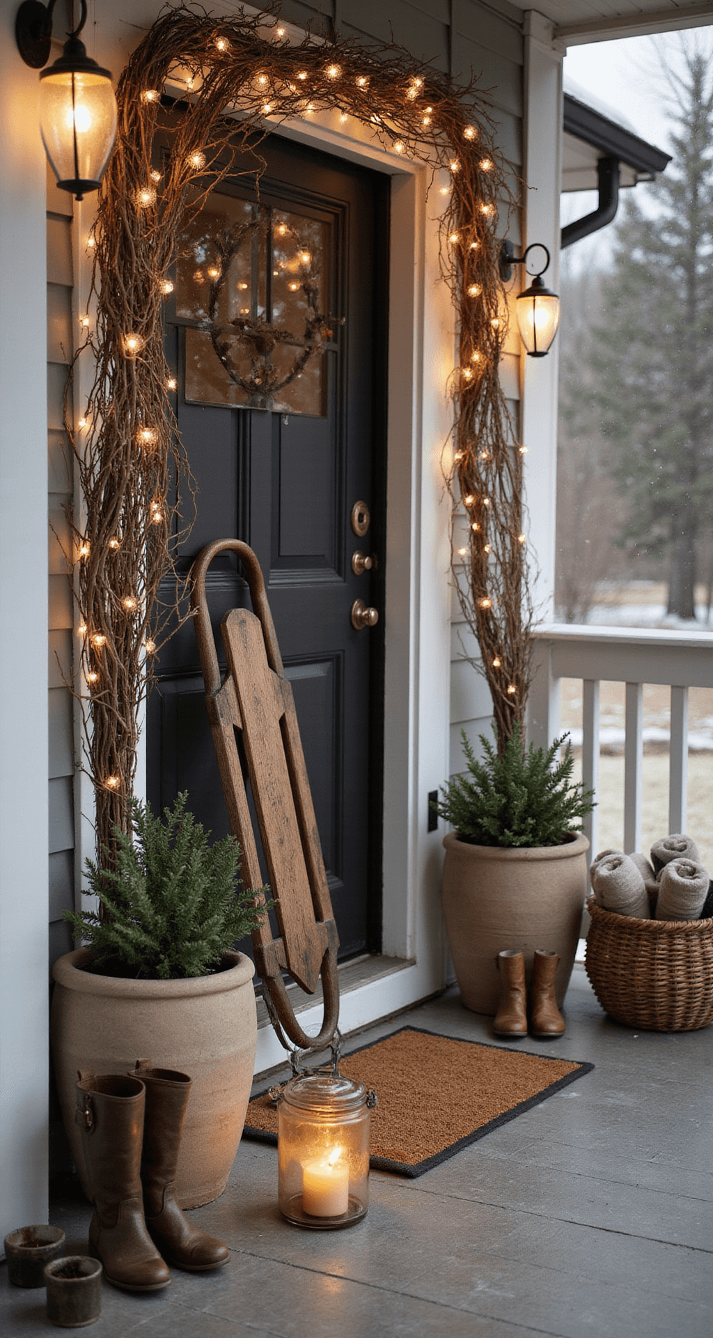 How to Create a Welcoming Winter Porch That Actually Feels Cozy (Not Just Pinterest-Perfect) Cozy winter porch entrance adorned with curly willow branches in tall planters, warm globe string lights illuminating the doorway, a vintage sled by the white railing, a woven basket with rolled wool blankets, aged leather boots holding fresh greenery, and soft amber lantern glow amidst subtle snowfall in early evening light.
