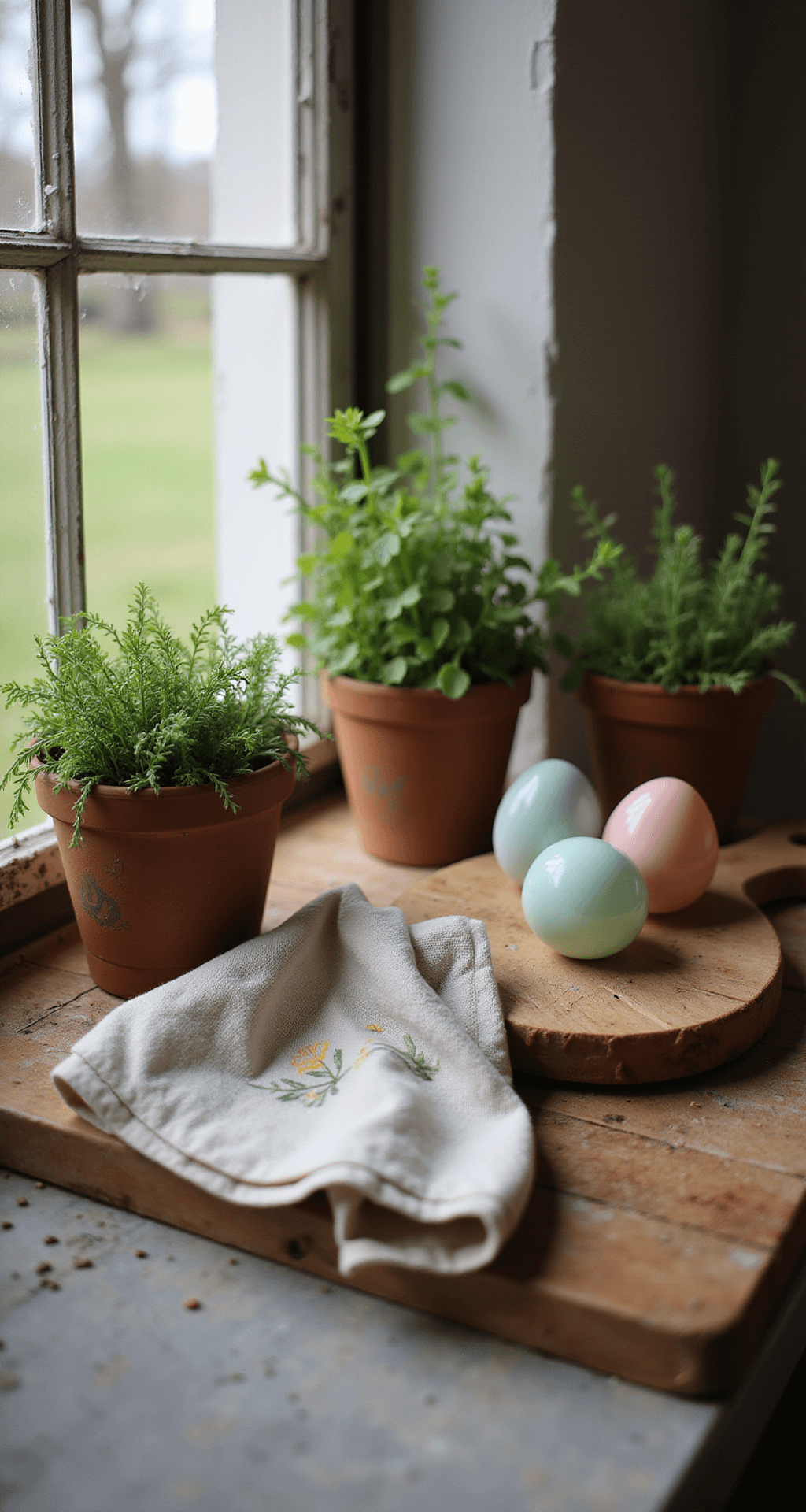 Easter Home Décor That'll Make Your Neighbors Jealous (Without Breaking the Bank) A rustic kitchen windowsill adorned with soft pastel hand-blown glass eggs, surrounded by fresh herbs and greenery, featuring a warm wooden cutting board and an embroidered linen tea towel, illuminated by morning sunlight casting gentle shadows.