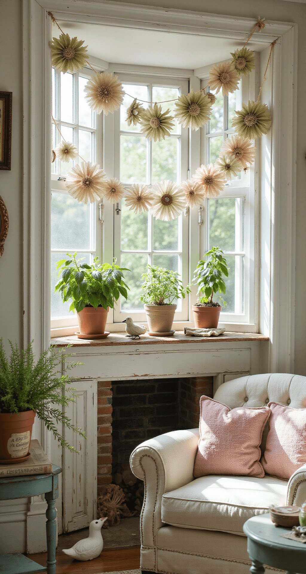 DIY Spring Decor Projects That'll Transform Your Home Without Breaking the Bank Ultra-detailed interior of a sunlit living room showcasing spring decor, with soft natural light illuminating handmade coffee filter flower garlands on a weathered white mantel, vintage terracotta pots with mint and basil on distressed side tables, and textured linen throw pillows, all in a sage green and blush pink color palette, during morning golden hour.