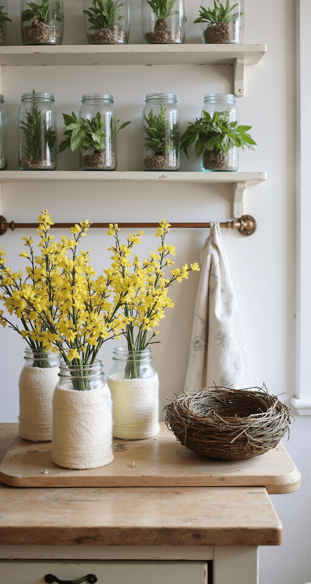 DIY Spring Decor Projects That'll Transform Your Home Without Breaking the Bank A rustic farmhouse kitchen scene featuring mason jar vases wrapped in pastel yarn with forsythia branches, chalk-painted open shelving with upcycled glass containers holding fresh herbs, a vintage linen tea towel on a copper rod, and a wooden cutting board adorned with a decorative bird's nest, all illuminated by warm ambient lighting in soft buttery yellow and crisp white hues.