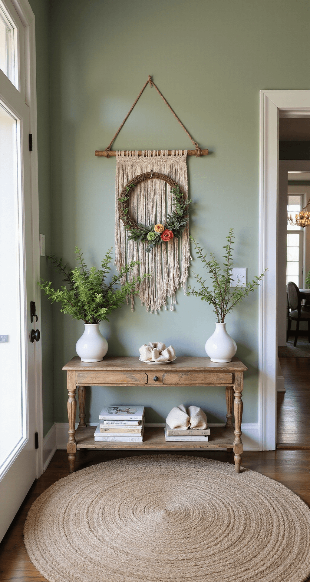 DIY Spring Decor Projects That'll Transform Your Home Without Breaking the Bank A bohemian spring entryway featuring a macrame wreath, handcrafted wall hanging with faux wildflowers, a distressed console table adorned with artistic vintage books, sage green walls, a natural jute rug, ceramic vases with fresh branches, and hanging potted ferns, all captured in soft afternoon light for a warm and inviting atmosphere.