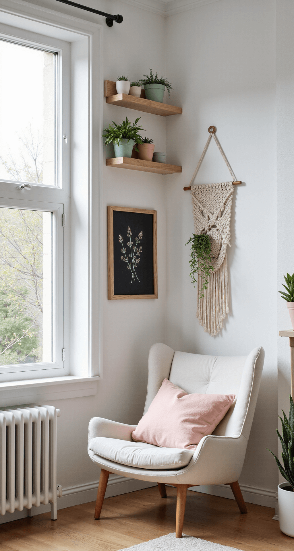 DIY Spring Decor Projects That'll Transform Your Home Without Breaking the Bank Minimalist spring living room corner featuring clean white walls, large windows with soft natural light, small pastel-colored terracotta pots on floating shelves, a handmade chalkboard with floral illustrations, a macrame wall hanging with trailing greenery, and a mid-century modern chair with a blush pink throw pillow, all in a subtle spring color palette.