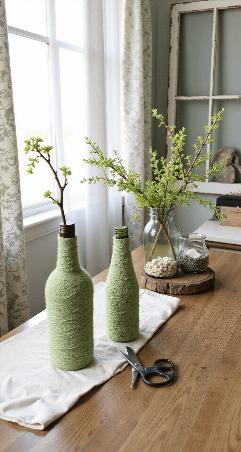 DIY Spring Decor Projects That'll Transform Your Home Without Breaking the Bank Cozy home office with a wooden desk featuring upcycled yarn-wrapped vases, a fresh branch arrangement in glass, vintage window frame art, soft natural lighting, scattered craft supplies, and a sage green and white color scheme with linen curtains.