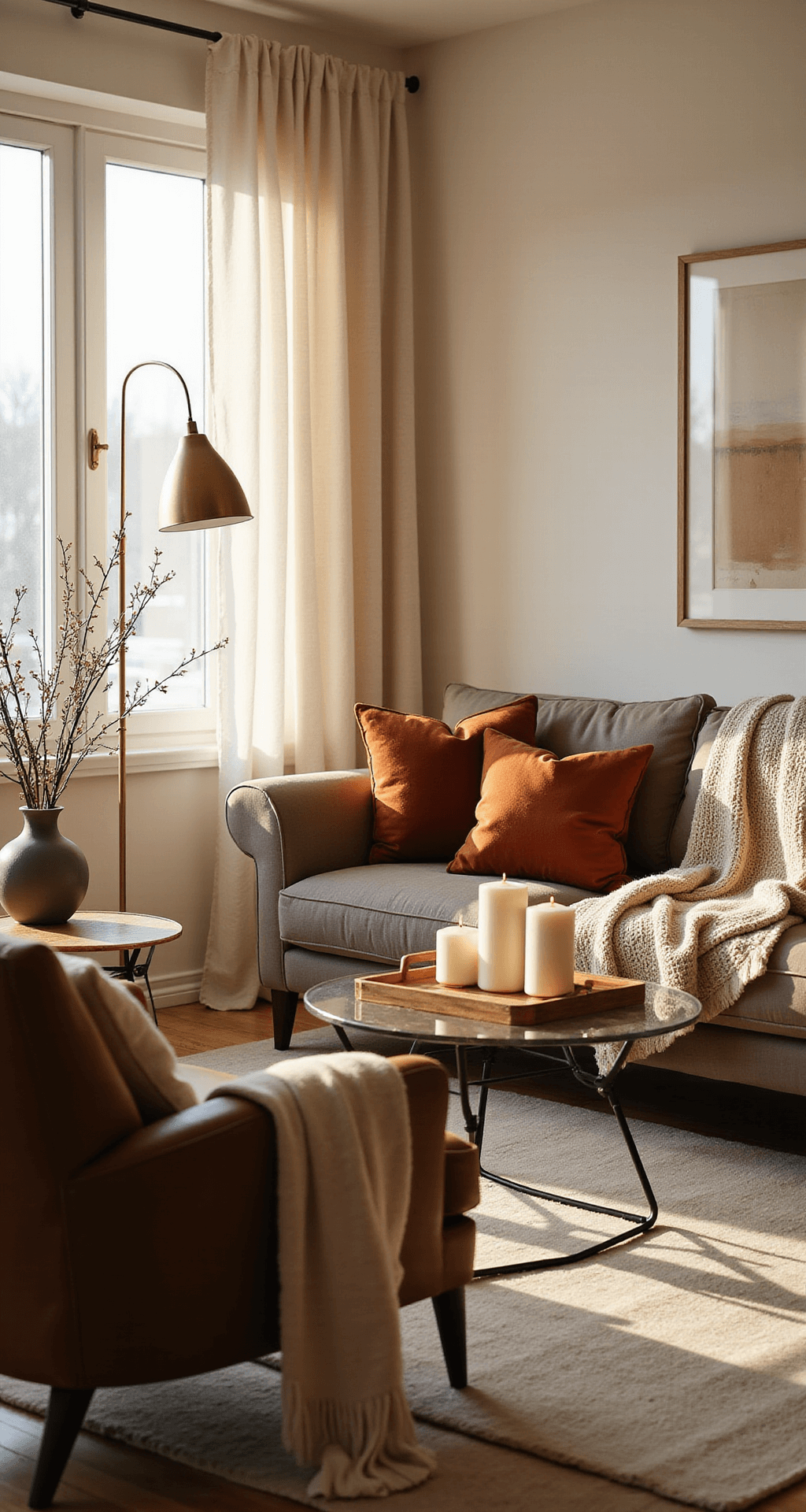 How to Transform Your Space with Winter Room Decor That Actually Feels Cozy Ultra-detailed winter living room with soft cream walls, ivory area rug, and warm taupe sectional sofa adorned with chunky knit and velvet pillows, illuminated by golden afternoon sunlight filtering through sheer curtains, featuring a brass floor lamp, glass coffee table with candles, eucalyptus in a ceramic vase, and a faux fur throw over a leather armchair, all set on hardwood floors with subtle rug textures.