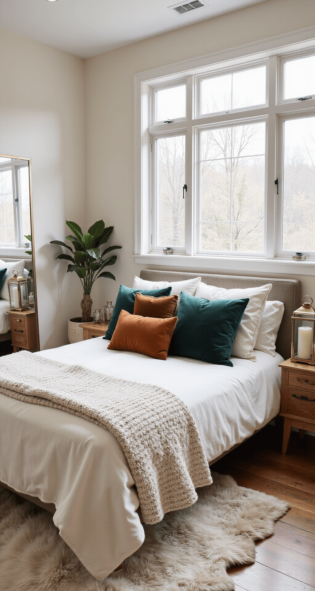 How to Transform Your Space with Winter Room Decor That Actually Feels Cozy Neutral-toned bedroom with cream walls, large windows letting in soft winter light, a king-sized bed with layered textures, wooden nightstands with brass accents, and a large mirror reflecting natural light, complemented by a potted snake plant and a sheepskin rug.
