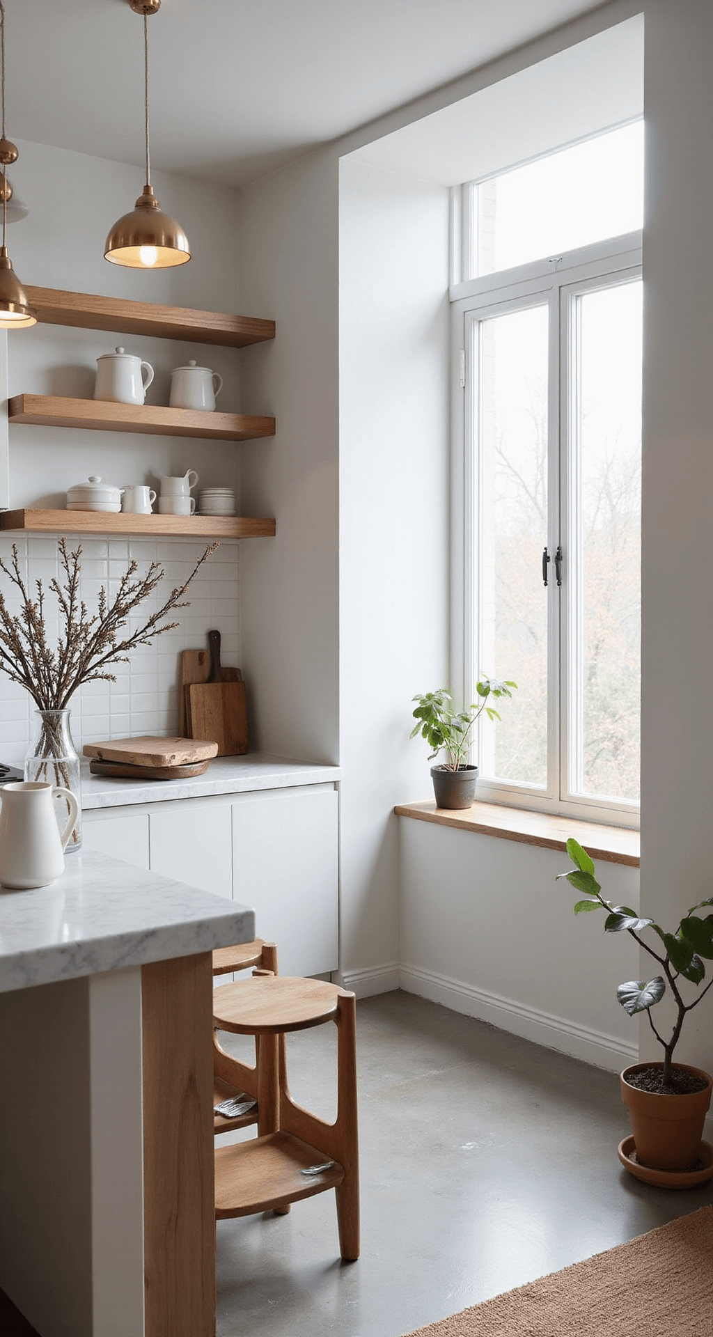 How to Transform Your Space with Winter Room Decor That Actually Feels Cozy A minimalist kitchen featuring white marble countertops, wooden open shelving with cedar branches, brass pendant lights, and a large window allowing diffused winter light to illuminate the space, with a small potted fiddle leaf fig on the windowsill and a textured concrete floor.