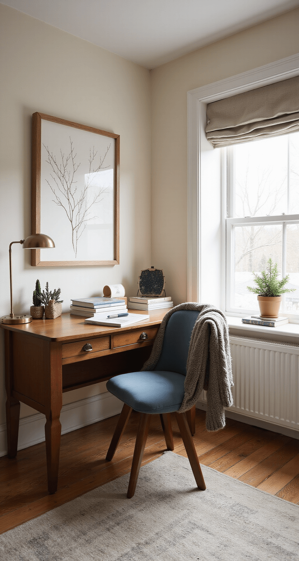 How to Transform Your Space with Winter Room Decor That Actually Feels Cozy A cozy home office corner featuring cream walls, a large vintage wooden desk by a window, a soft blue velvet office chair with a chunky knit throw, and a brass desk lamp. There's a stack of winter-themed art books and a small potted evergreen. A linen roman shade filters soft winter light over a hardwood floor with a muted area rug. A line drawing of winter branches in a simple wooden frame adds a decorative touch, captured in warm ambient lighting from a low angle to emphasize texture.