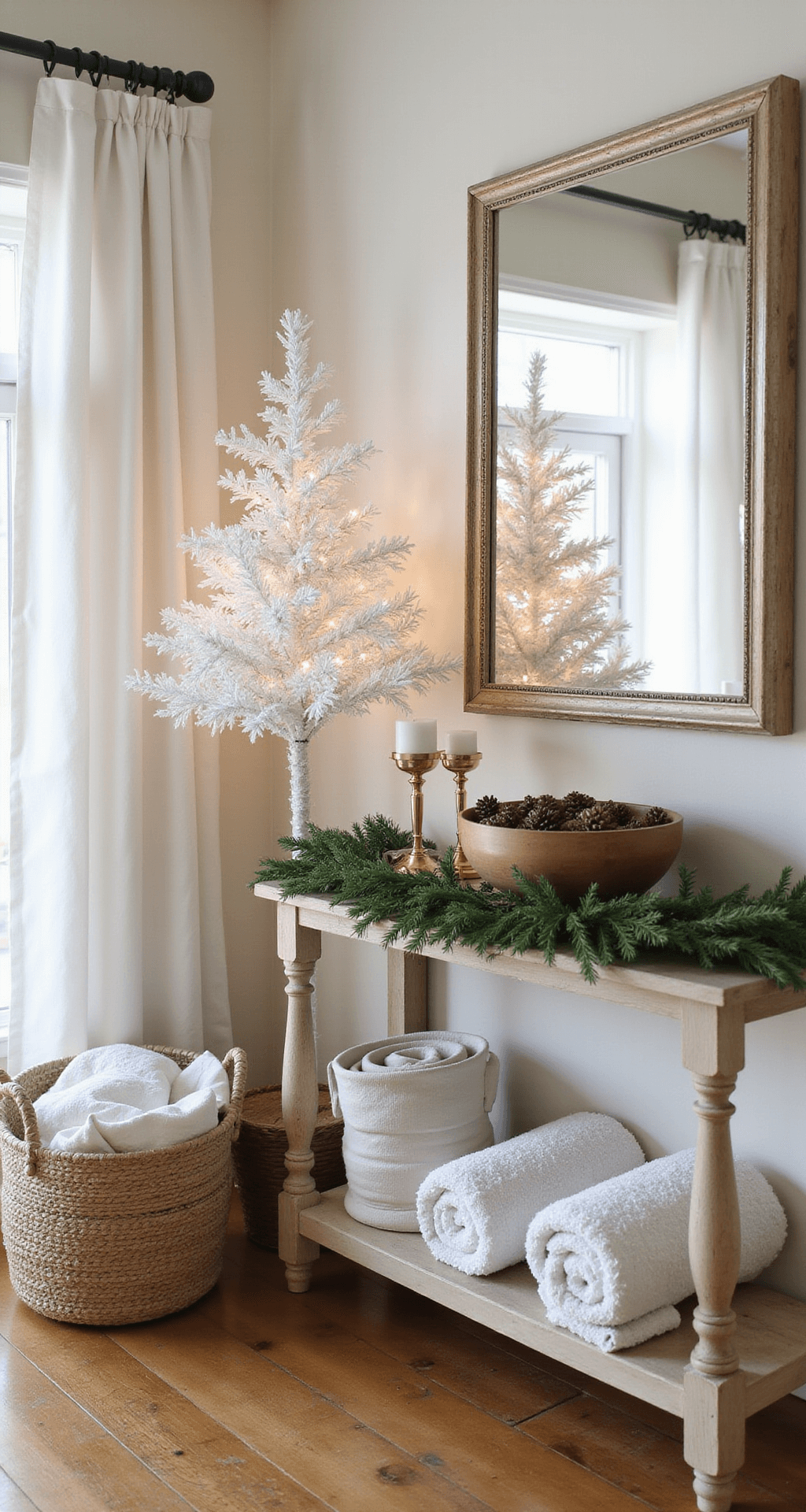 How to Transform Your Space with Winter Room Decor That Actually Feels Cozy A cozy transitional living room entryway featuring a neutral color palette, with a white flocked tree adorned with minimal string lights, evergreen garland on a console table, a wooden bowl of pine cones, brass candle holders, and a large mirror reflecting soft light, all set against cream walls and textured hardwood floors, complemented by a woven basket of rolled throw blankets and soft winter afternoon light.