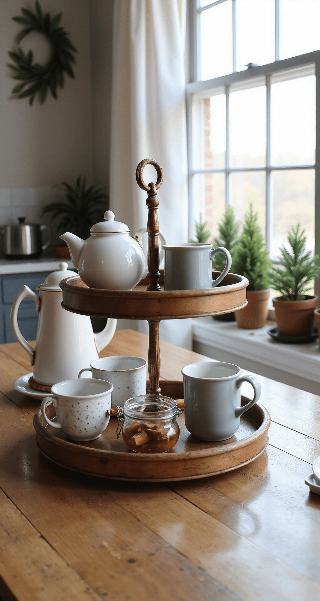 How to Transform Your Home Into a Cozy Winter Haven Without Breaking the Bank Warm kitchen beverage station with a vintage two-tiered wooden tray displaying an artful tea collection, complemented by ceramic mugs in winter whites and soft grays, an electric kettle with copper accents, and glass jars of honey and cinnamon sticks, all illuminated by soft natural light filtering through linen curtains. Potted evergreen sprigs add organic texture, captured from an overhead angle to convey comfort and hospitality.