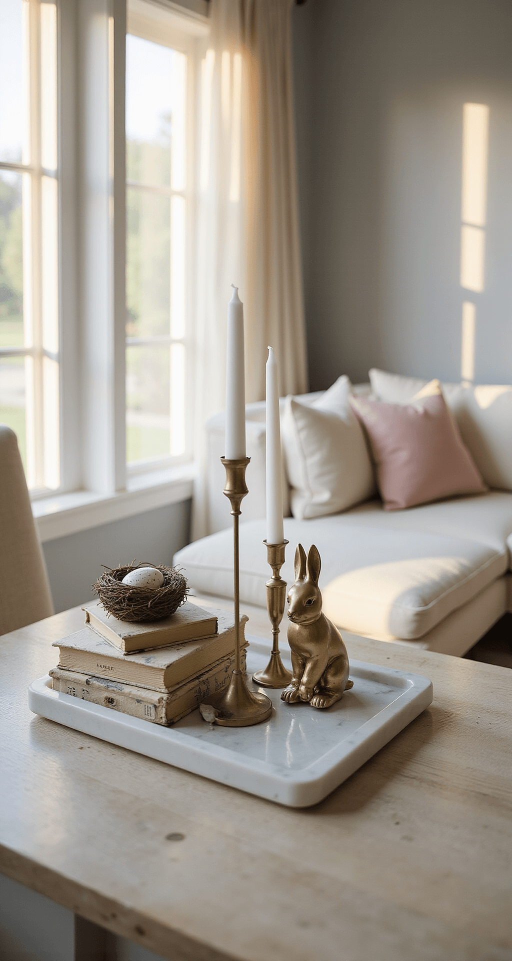 Spring Home Decor Ideas That'll Actually Transform Your Space (Without Breaking the Bank) Photorealistic image of a coastal living room console table vignette during golden hour, featuring an 8-foot white oak console against a soft gray wall. The arrangement includes a tall white taper candle in a brass holder, three vintage botanical books, a small bird's nest with speckled eggs, and a brass bunny figurine on a marble tray. In the background, a corner of a cream linen sofa with blush pink throw pillows and sheer curtains is visible, with warm afternoon light creating natural shadows and a shallow depth of field highlighting the vignette details.