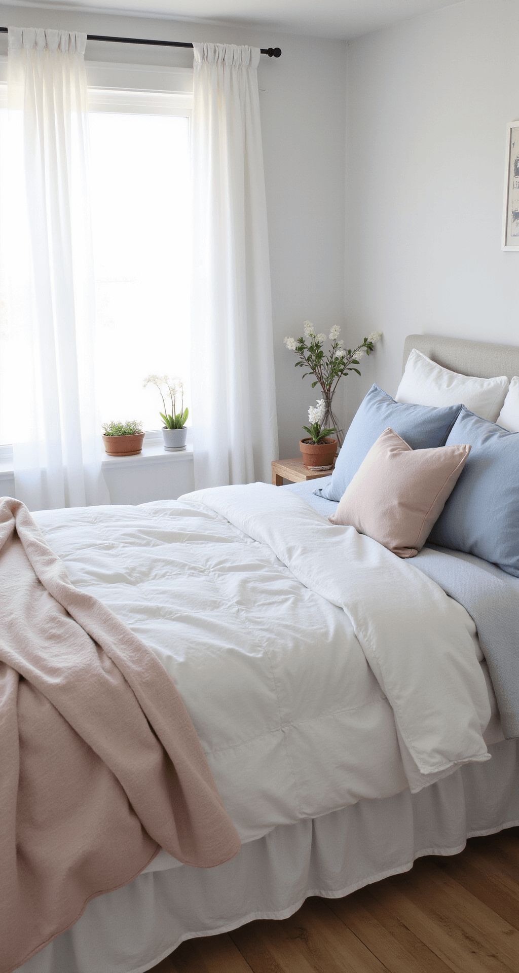 Spring Home Decor Ideas That'll Actually Transform Your Space (Without Breaking the Bank) Photorealistic transformation of a minimalist Scandinavian bedroom featuring a queen bed with a white cotton duvet, blue linen Euro shams, and a blush quilt. The room is illuminated by natural morning light, showcasing light oak flooring and white walls, with bedside potted white hyacinths in terracotta pots.
