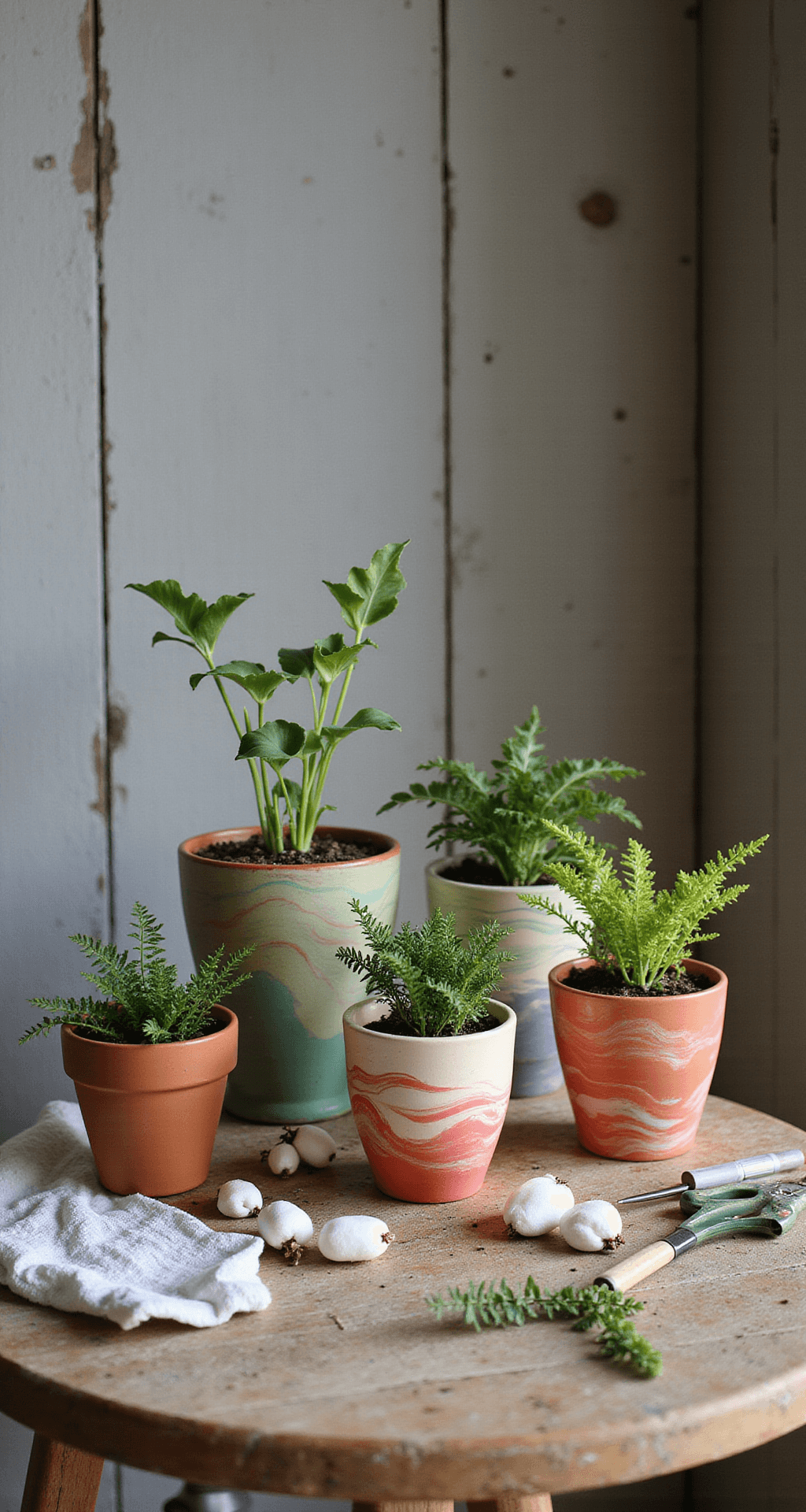 Spring Home Decor Ideas That'll Actually Transform Your Space (Without Breaking the Bank) Photorealistic close-up of a collection of DIY painted terracotta pots on a rustic wooden potting bench, featuring various designs and spring plantings, with painting supplies and vintage tools in a textured barn wood setting.