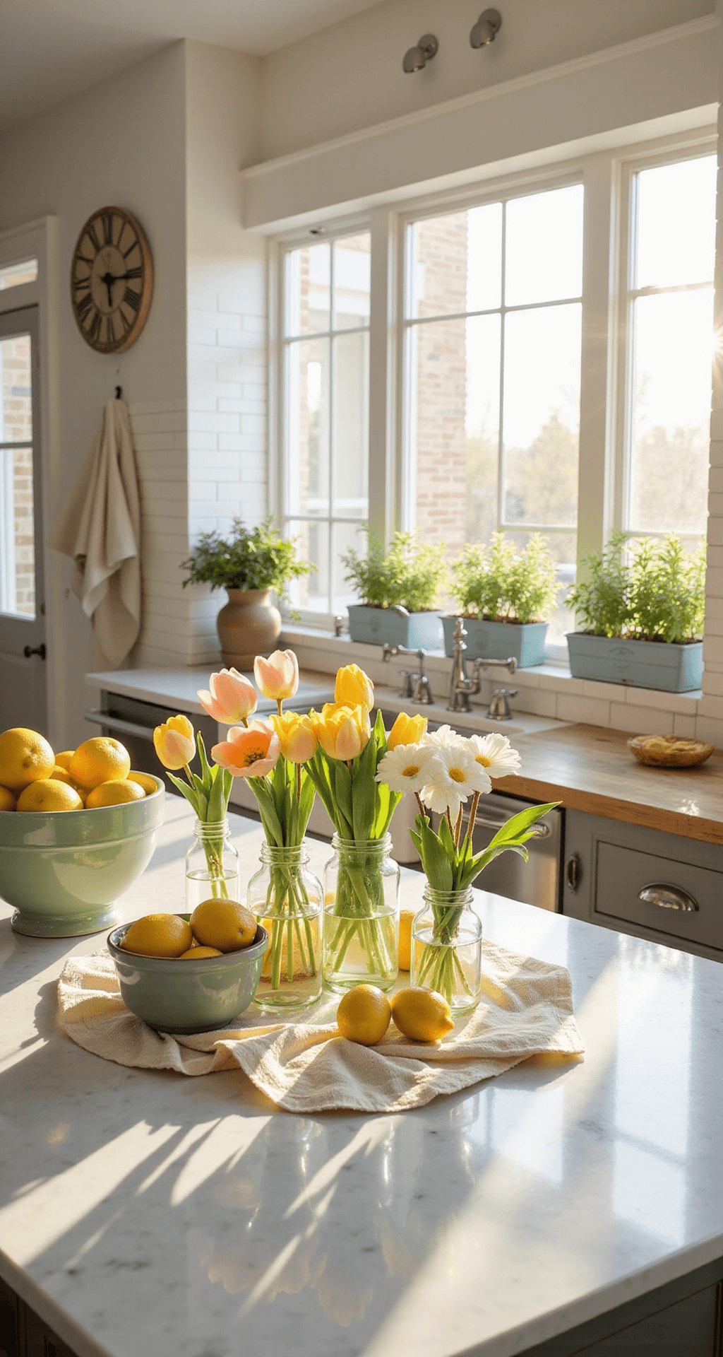 Spring Decor That Actually Makes Your Home Feel Like a Garden (Without the Mud) Photorealistic interior of a bright galley kitchen, bathed in morning sunlight, featuring white subway tile backsplash, butcher block countertops, and a central island with decorative vases of yellow and pink tulips. Fresh lemons in sage green bowls, potted herbs in blue and white planters on the windowsill, and natural linen dish towels create a cheerful spring atmosphere.