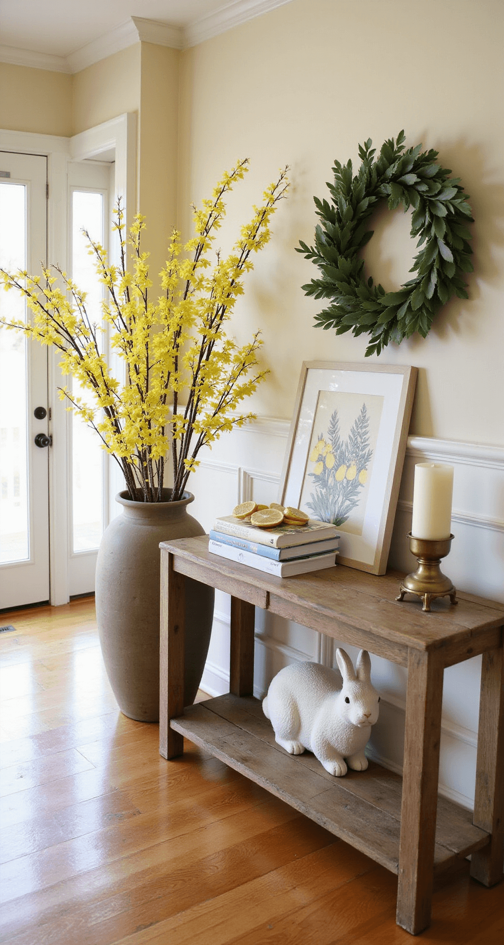 Spring Decor That Actually Makes Your Home Feel Like a Garden (Without the Mud) An elegant entryway foyer featuring a rustic wooden console table against cream walls with wainscoting, illuminated by afternoon light from frosted glass doors. A large floor vase holds dramatic forsythia branches, while the table is styled with a watercolor print, stacked garden books, a candle, a ceramic rabbit, and a eucalyptus wreath with lemon slices above. The warm honey-colored hardwood floors reflect the light, creating a soft, welcoming atmosphere.
