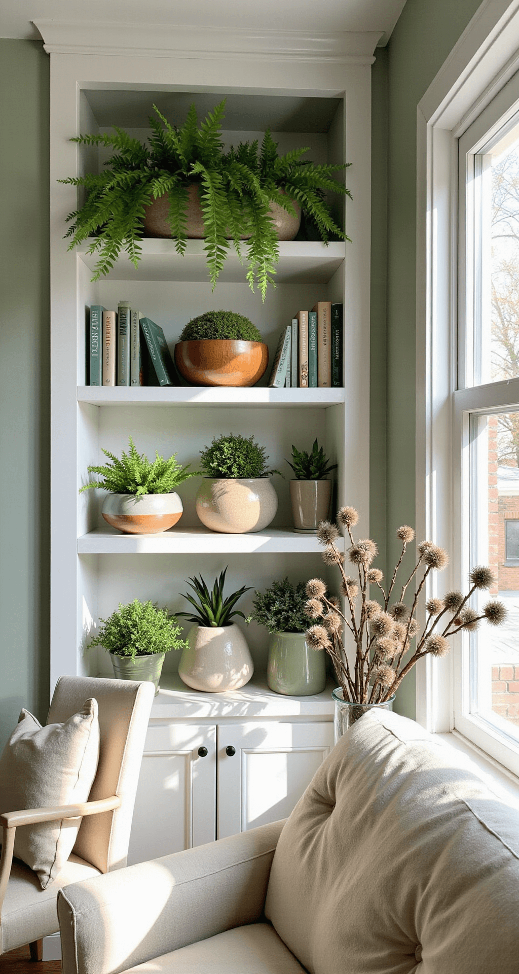 Spring Decor That Actually Makes Your Home Feel Like a Garden (Without the Mud) Cozy living room corner with a white bookshelf styled with spring botanicals, featuring cascading ferns, a round wooden bowl of moss, and succulents in cream planters. Late morning light creates dappled shadows, enhancing a bright, airy atmosphere.