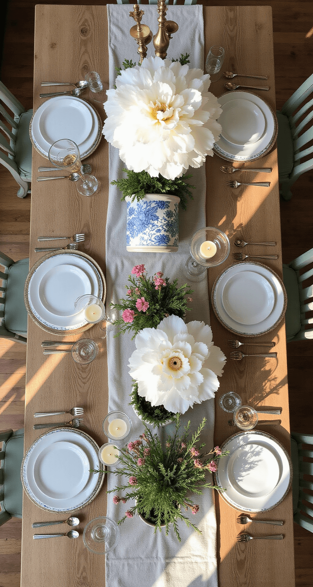 Spring Decor That Actually Makes Your Home Feel Like a Garden (Without the Mud) Sophisticated dining room set for spring entertaining, featuring a large farmhouse table with white tissue paper flower centerpiece, blue and white ceramic planters with fresh herbs, linen runner, pink cherry blossom arrangements, and vintage brass candlesticks with cream candles, all bathed in warm afternoon sunlight.