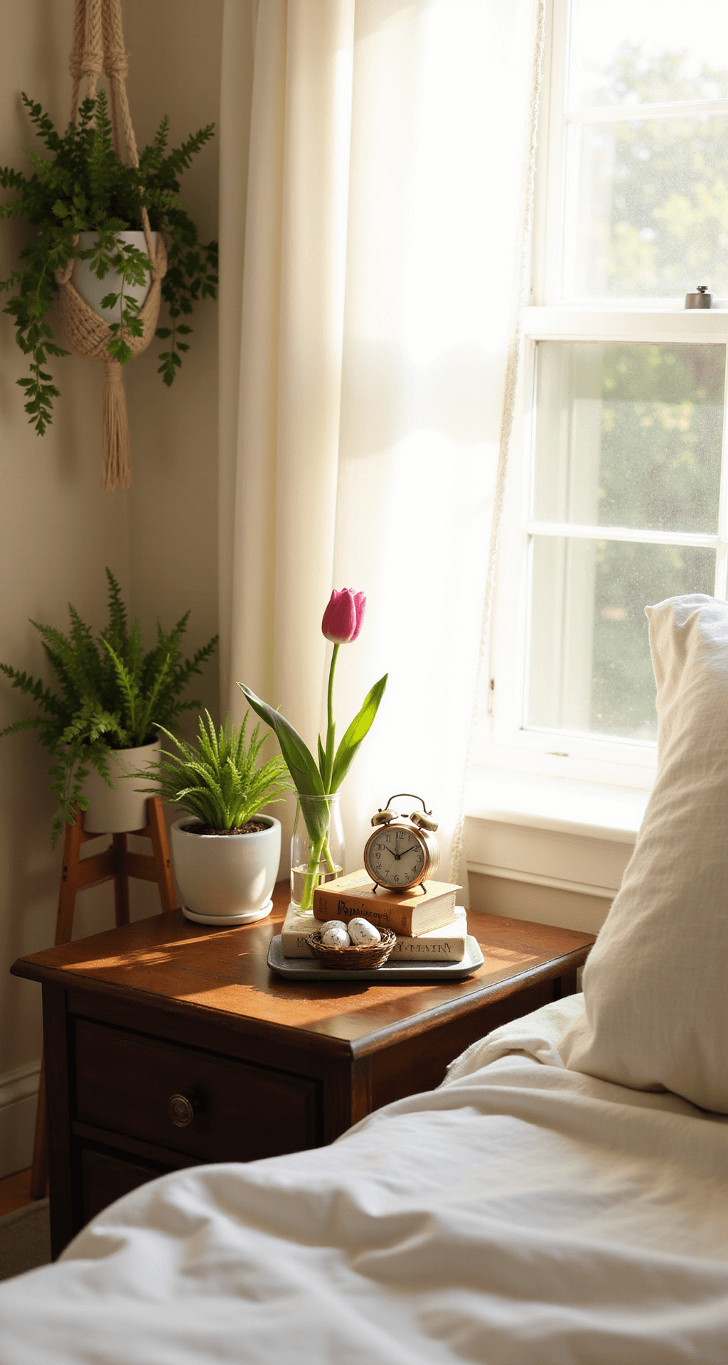 Spring Decor That Actually Makes Your Home Feel Like a Garden (Without the Mud) Serene master bedroom with unmade bed, vintage nightstand styled with spring decor, golden morning light filtering through sheer curtains, and natural textures in soft neutral palette.