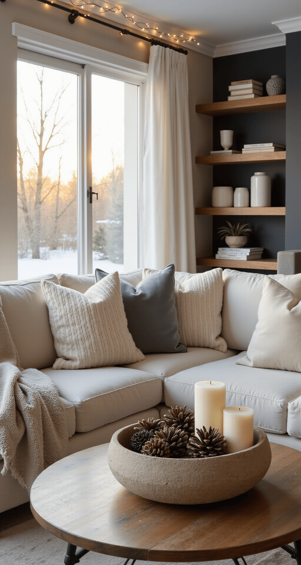 Your Home Doesn't Need Santa to Feel Like Winter: A No-Christmas Decor Guide A cozy living room bathed in soft winter light at golden hour, featuring a neutral-toned sectional sofa with cream throw blankets and dove gray pillows, warm beige walls with a charcoal accent, and a coffee table styled with a rustic wooden dough bowl, pillar candles, and linen-bound books, adorned with twinkle lights along the crown molding.