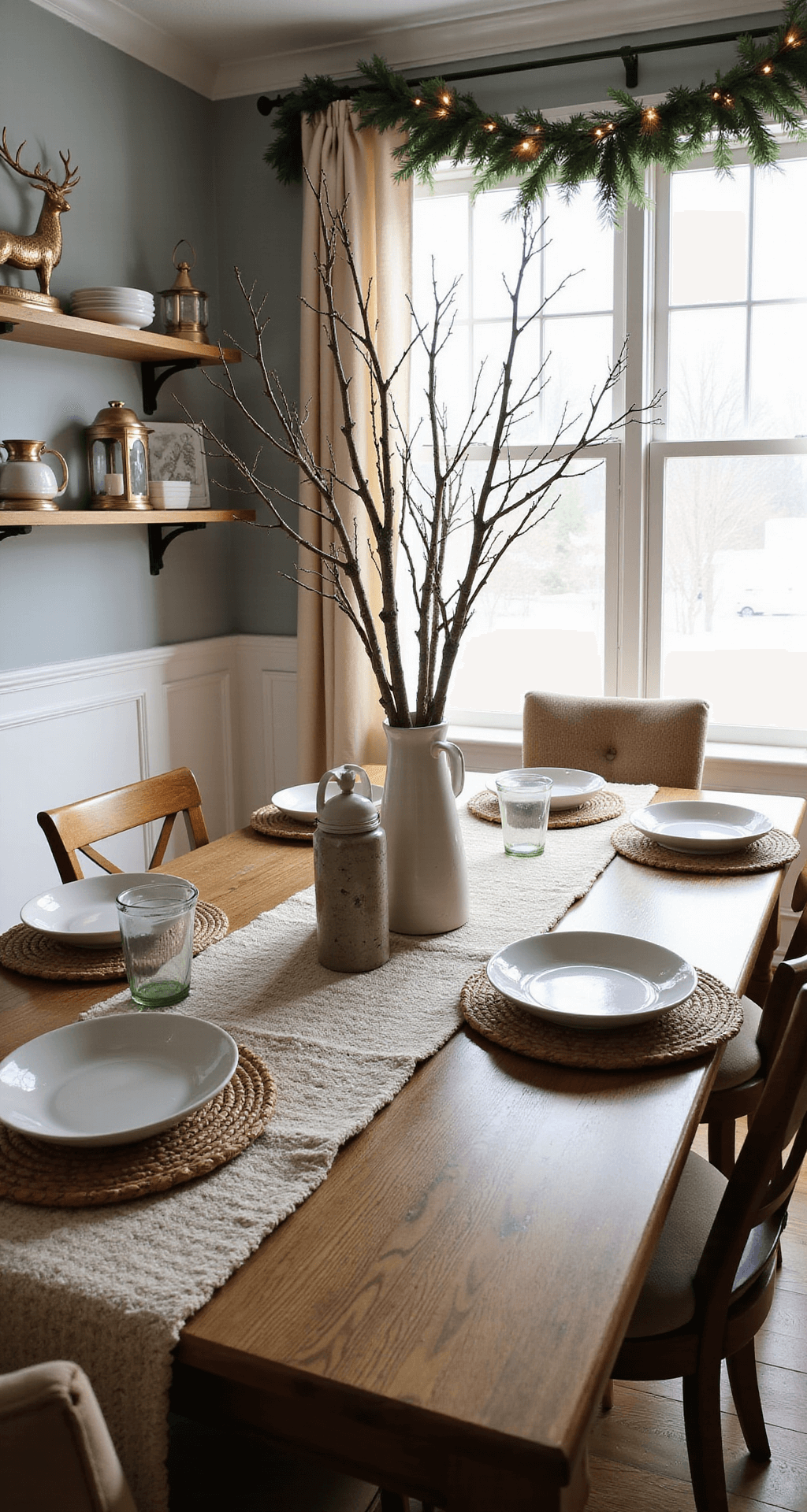 Your Home Doesn't Need Santa to Feel Like Winter: A No-Christmas Decor Guide Intimate winter morning dining room with rustic wooden table, ceramic stoneware, birch branch centerpiece, soft gray walls, white wainscoting, vintage brass deer figurines, chunky knit table runner, string lights, and natural pine garland, evoking a cozy cabin breakfast atmosphere.