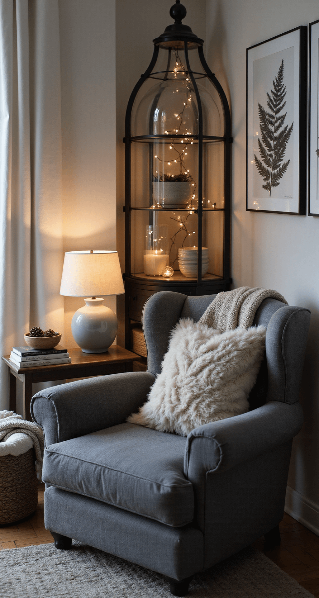 Your Home Doesn't Need Santa to Feel Like Winter: A No-Christmas Decor Guide Cozy bedroom corner at blue hour featuring a charcoal gray armchair with faux fur pillow and cable-knit throw, ceramic lamp with linen shade on a side table, winter-themed books, and a bowl of pine cones, illuminated by warm and cool light sources, surrounded by soft white walls and botanical prints.