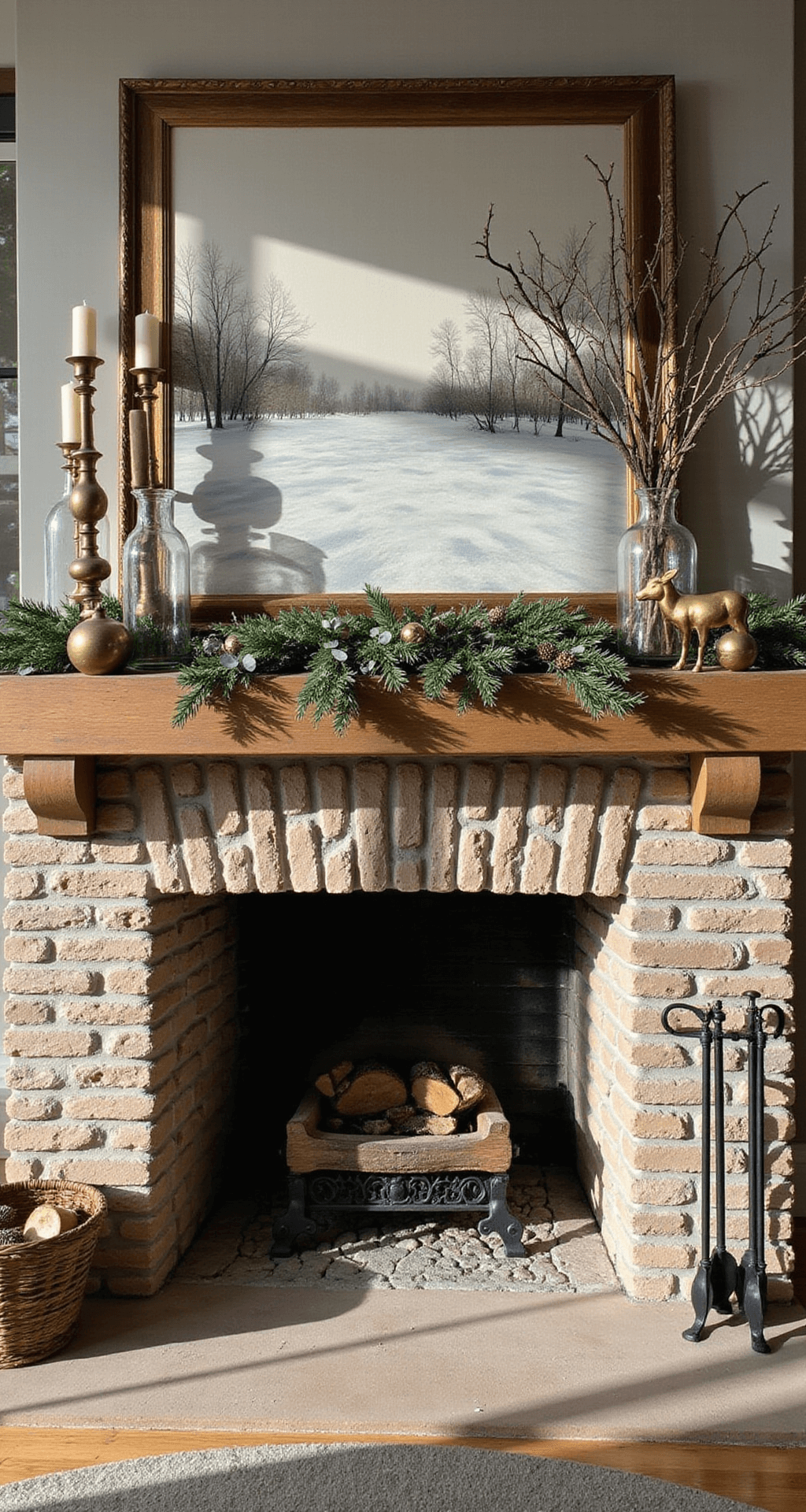 Your Home Doesn't Need Santa to Feel Like Winter: A No-Christmas Decor Guide A cozy living room scene featuring a grand stone fireplace with a wide wooden mantel, adorned with tall brass candlesticks, medium glass vases of eucalyptus, and vintage brass decor, all warmly lit by natural afternoon light and flickering firelight.
